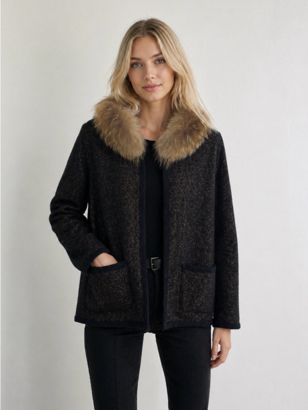 Monoplaza Womens Connor Wool Blend Jacket Raccoon Fur Collar Luxury Blk Size XS